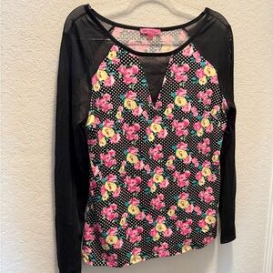 Betsey Johnson Black Floral Long Sleeve Top XL